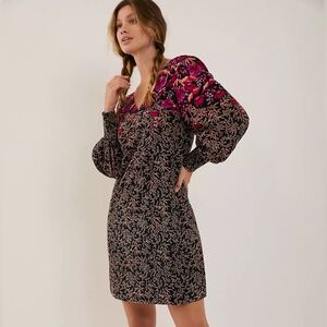 Anthropologie Black and Pink Floral Long Sleeve Tunic Dress Sz 8